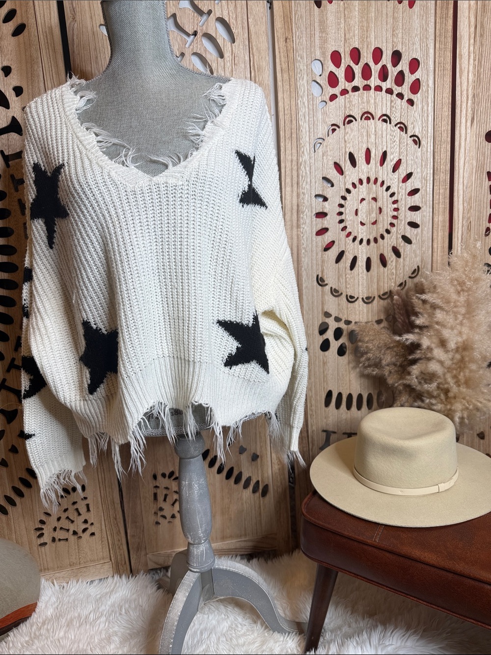 Polly & Esther Cream V-Neck Star Knit Sweater with Black Stars